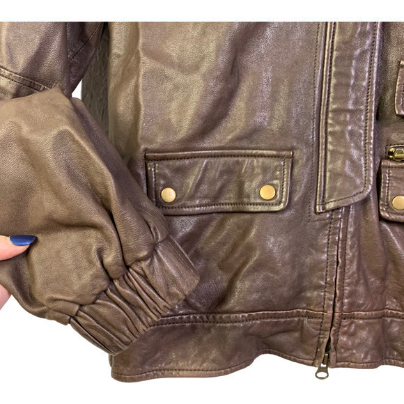 JOIE Brown Genuine Leather Hooded Bomber Jacket - Picture 4 of 11